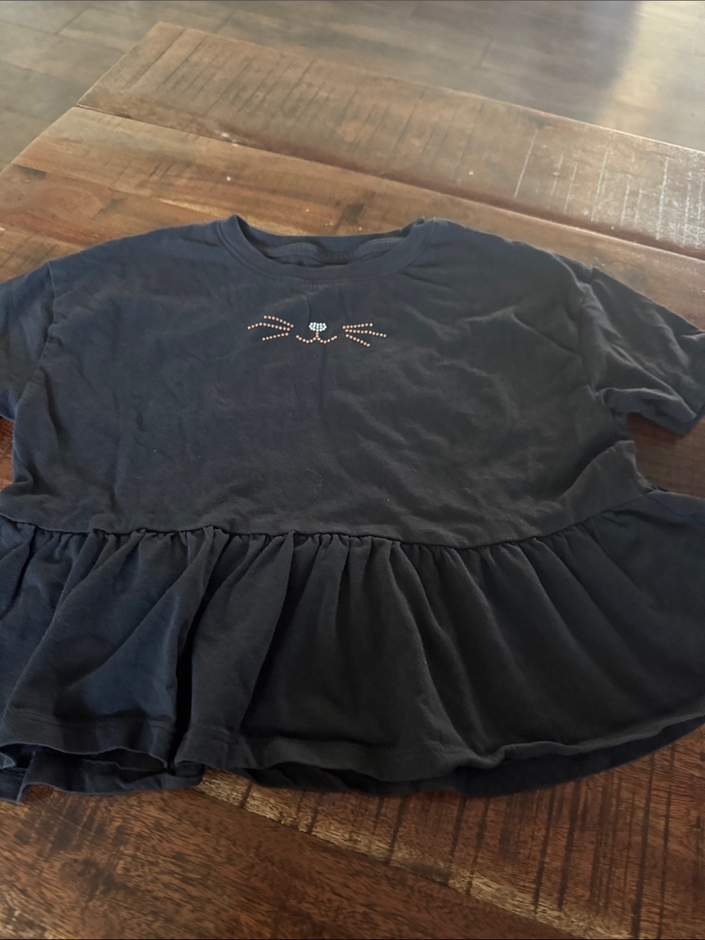 GAP Black Short-Sleeve Ruffle Hem Tee with Cat Face Rhinestones